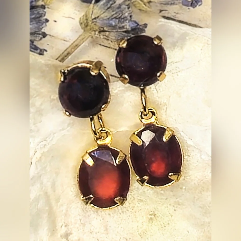Genuine 11.04 Carats Garnet In Two Setting 18K Gold Plated Earrings